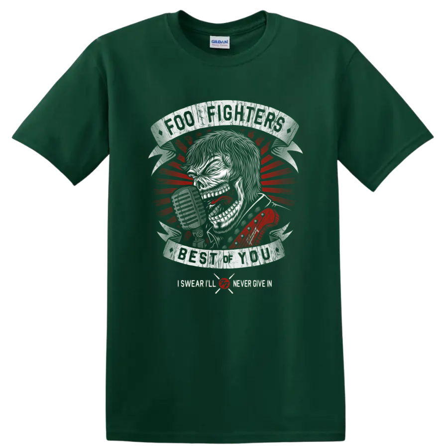 Foo Fighters Taylor Hawkins skull singer with microphone and Best of You text on a Forest Green T Shirt