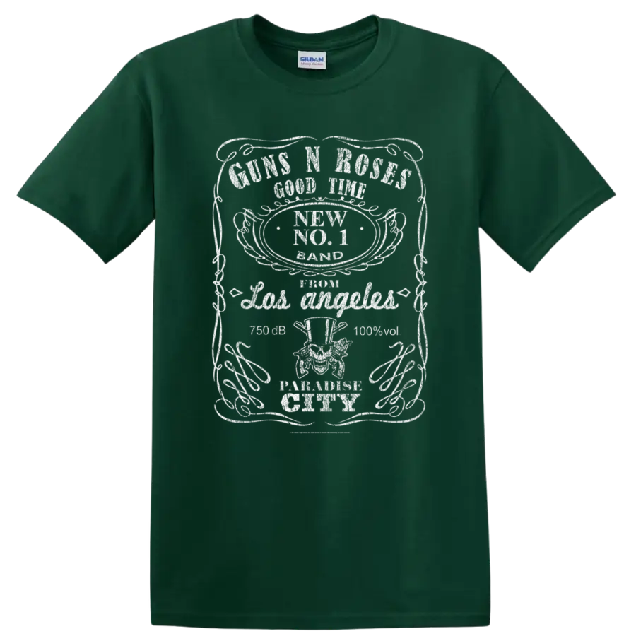 Guns N' Roses distressed rock band emblem graphic with red accents on a Forest Green T Shirt