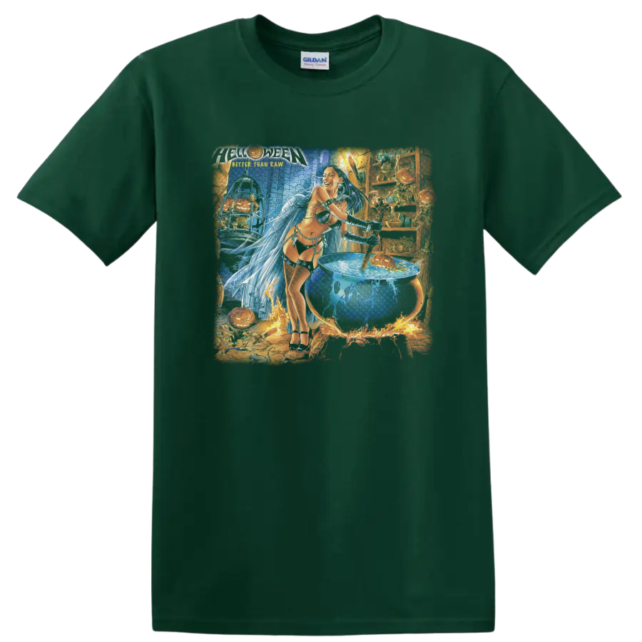 Helloween Better Than Raw fantasy woman, lightning, cauldron and pumpkin artwork on a Forest Green T Shirt