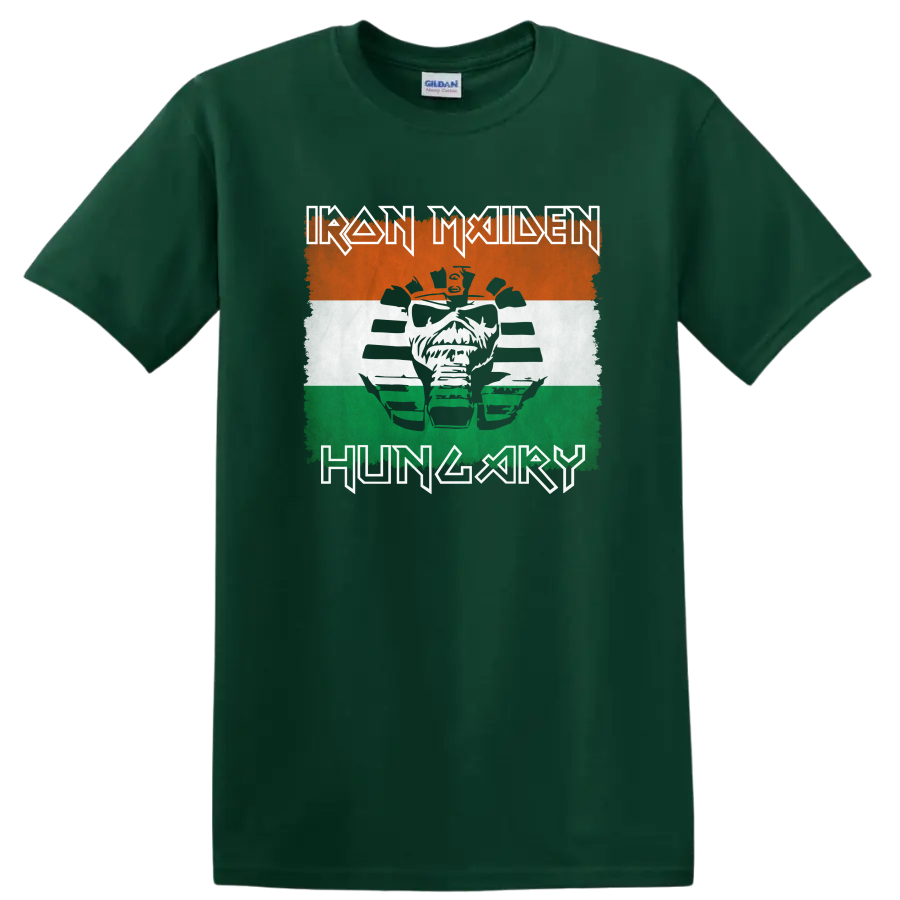 Iron Maiden Eddie face with distressed orange, white, and green tricolor logo art on a Forest Green T Shirt