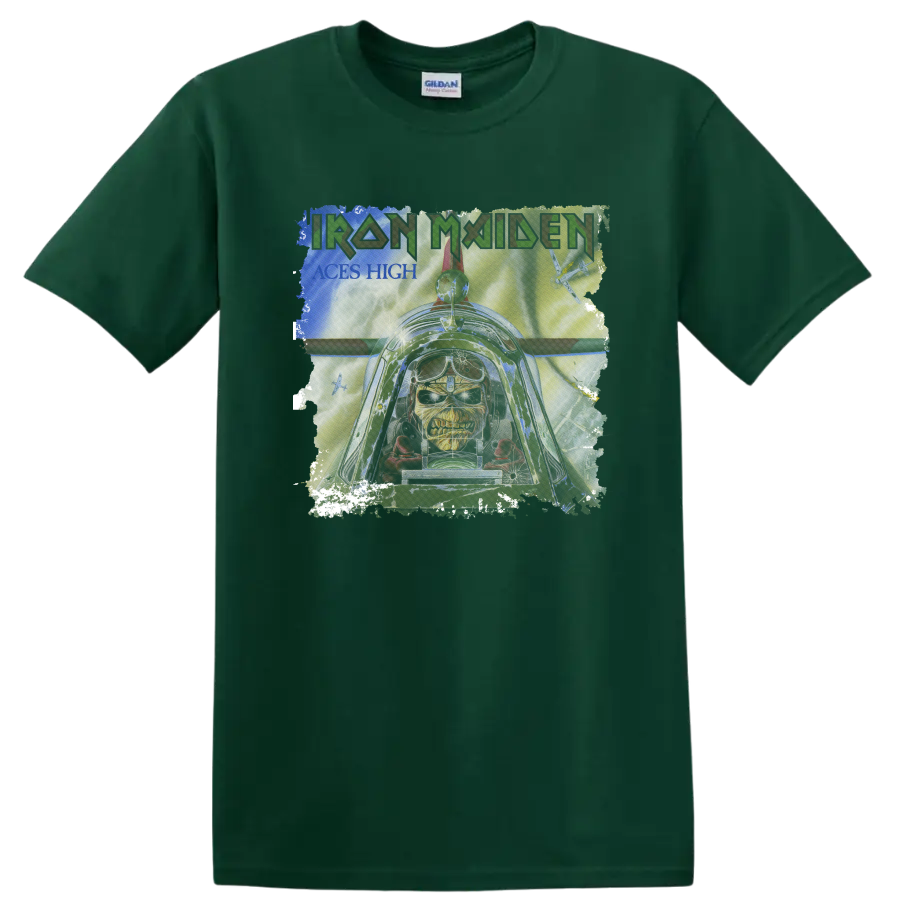 Iron Maiden Aces High Eddie distressed cockpit and fighter plane graphic on a Forest Green T Shirt