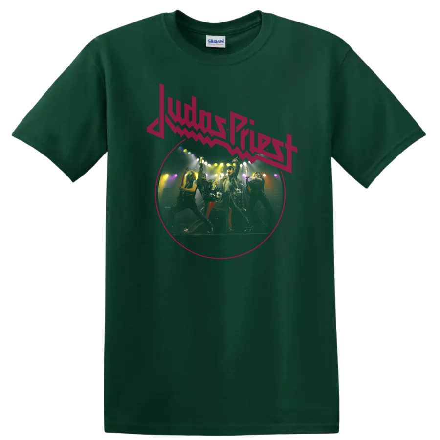 Judas Priest neon pink logo above vintage-style heavy metal concert performance artwork on a Forest Green T Shirt