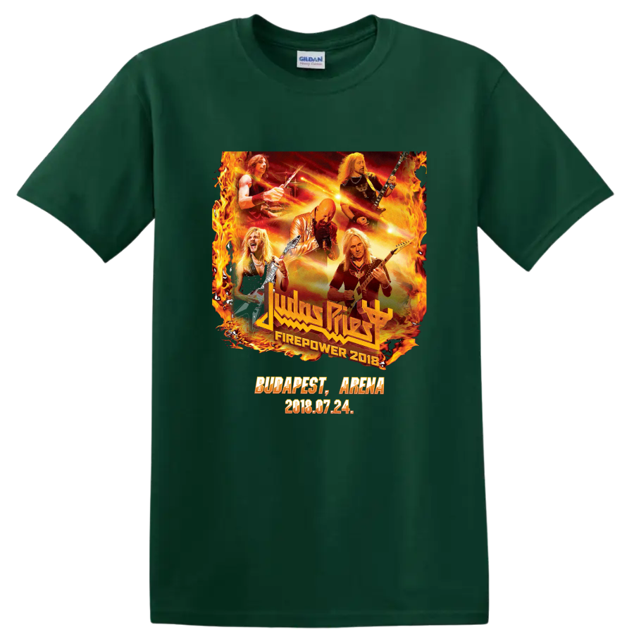 Judas Priest Firepower 2018 Budapest Arena concert collage with flames and guitars on a Forest Green T Shirt
