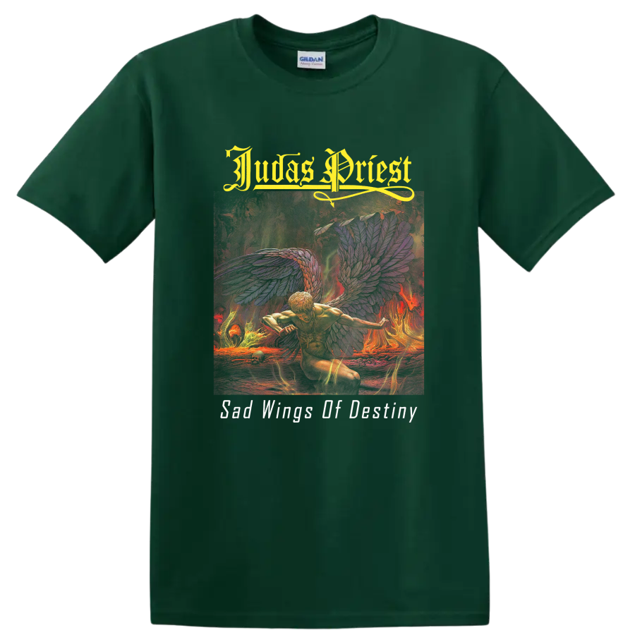 Judas Priest Sad Wings of Destiny flaming angel with wings and gothic lettering on a Forest Green T Shirt