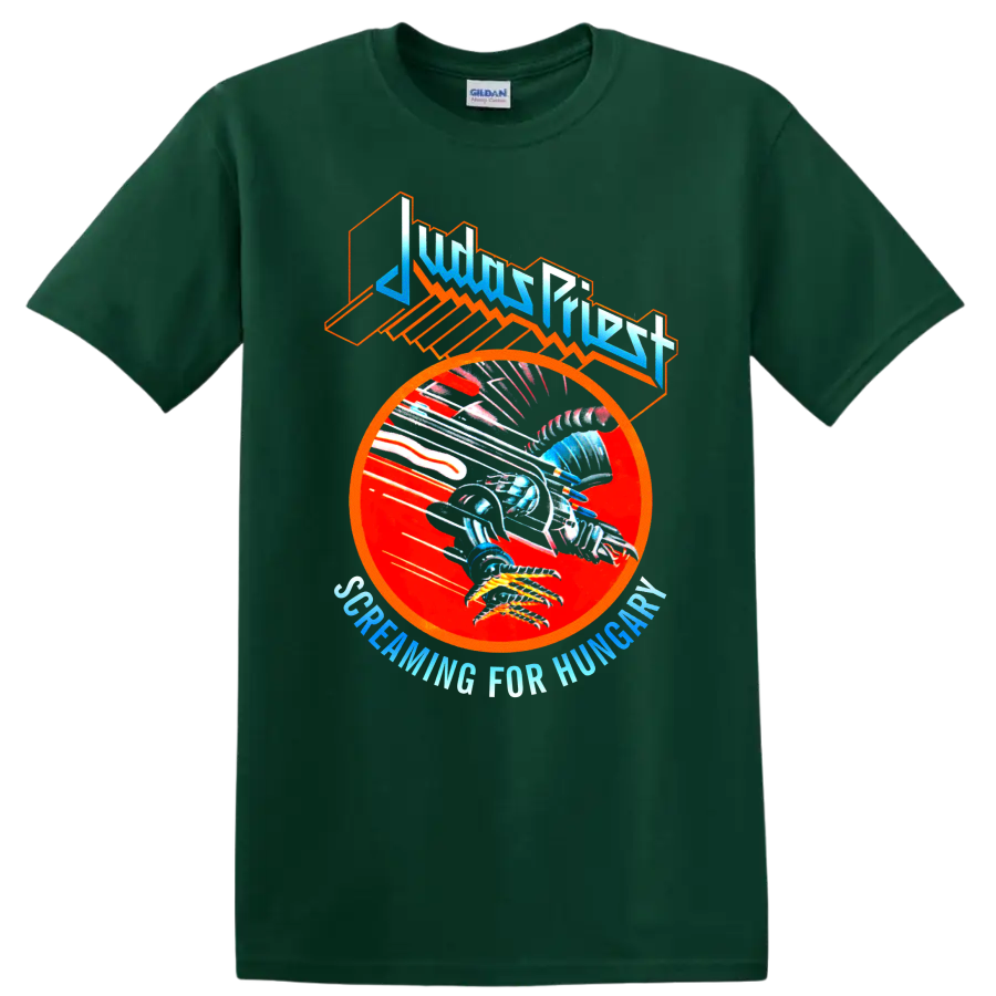 Judas Priest Screaming for Vengeance eagle graphic with red circle and angular logo on a Forest Green T Shirt