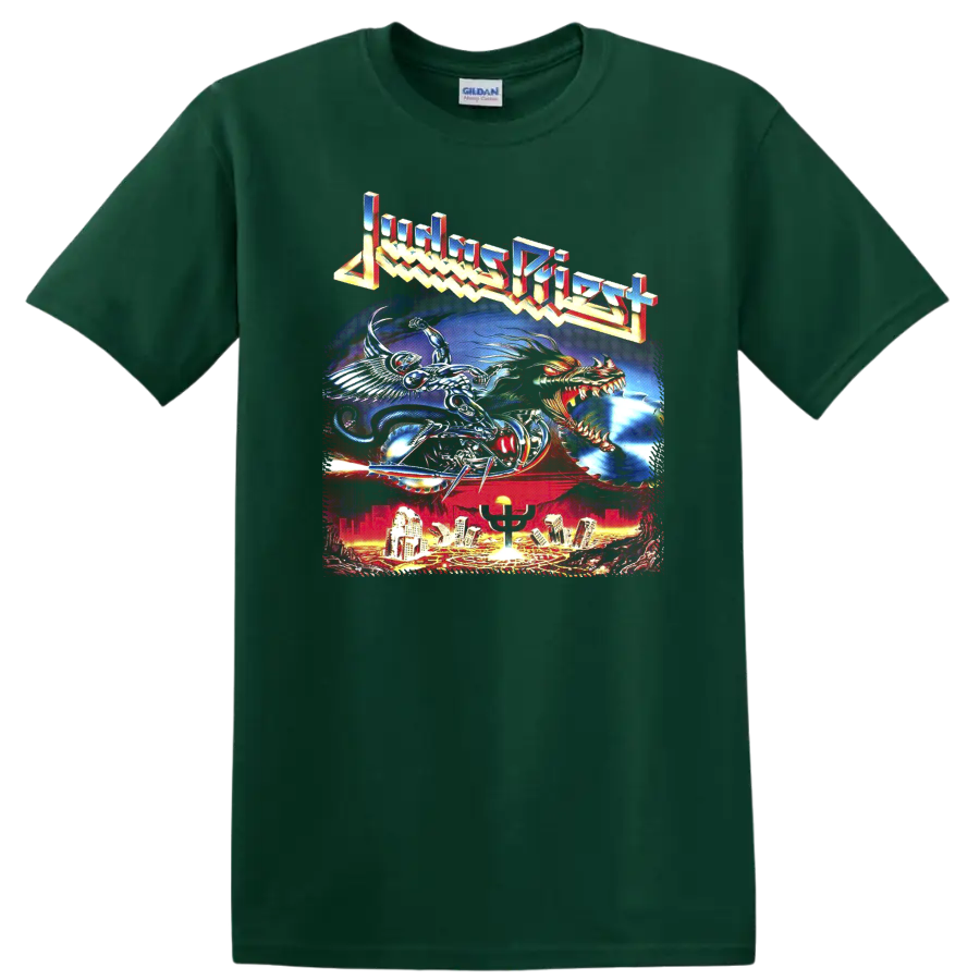 Judas Priest Painkiller fantasy metal artwork with chrome rider, dragon, and city skyline on a Forest Green T Shirt