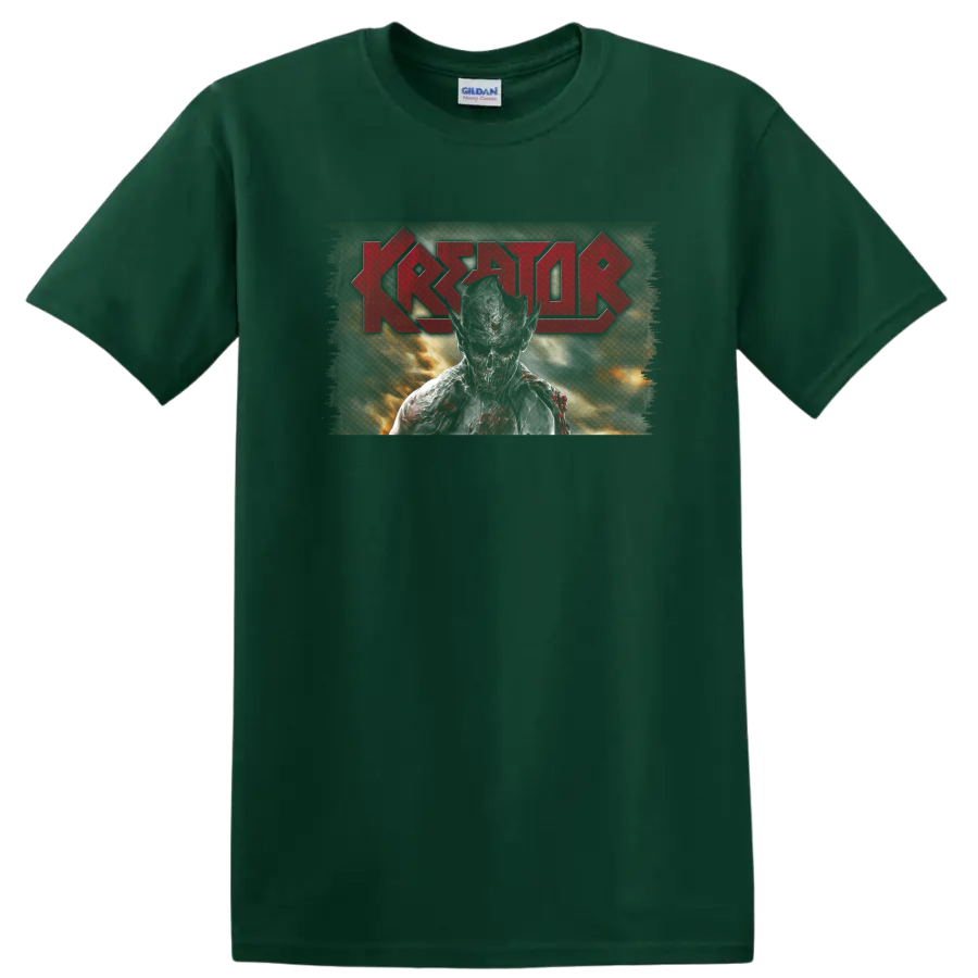 Kreator red logo with fiery central figure in distressed thrash metal artwork on a Forest Green T Shirt