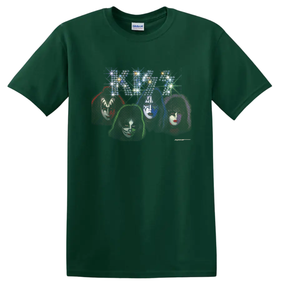 KISS Spun Out style four makeup portraits with psychedelic starburst artwork on a Forest Green T Shirt