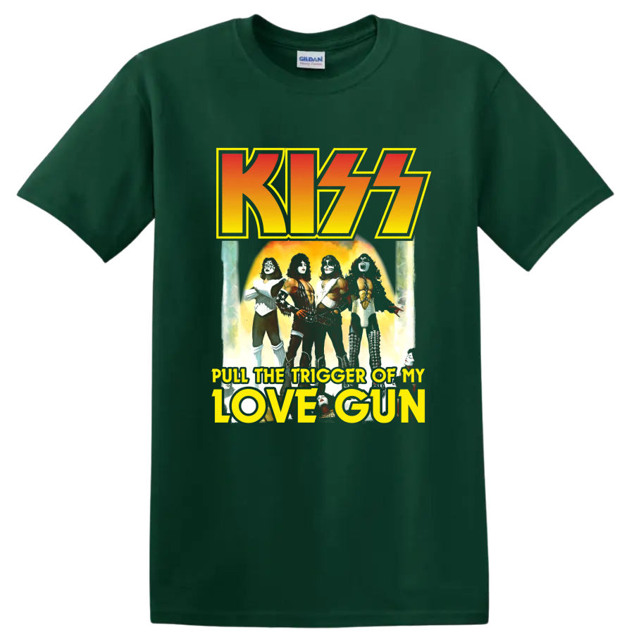 KISS Love Gun retro graphic with band lineup, fiery glow, and bold logo lettering on a Forest Green T Shirt