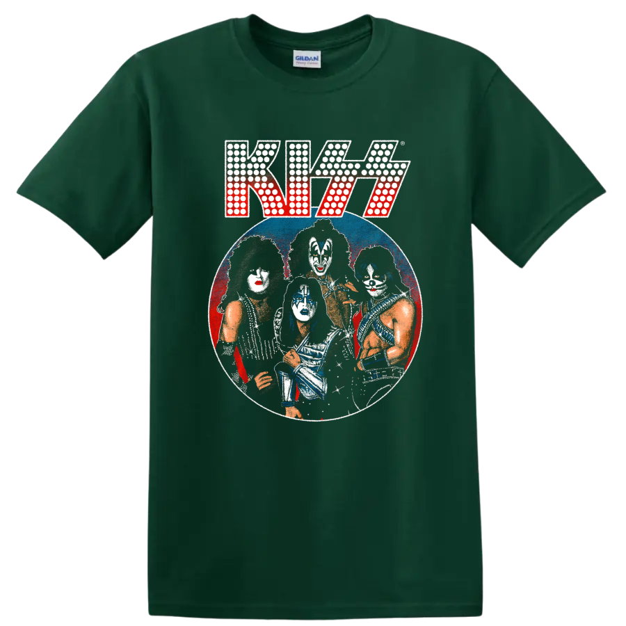 Distressed KISS band portrait with stage makeup in a red and blue circular graphic on a Forest Green T Shirt