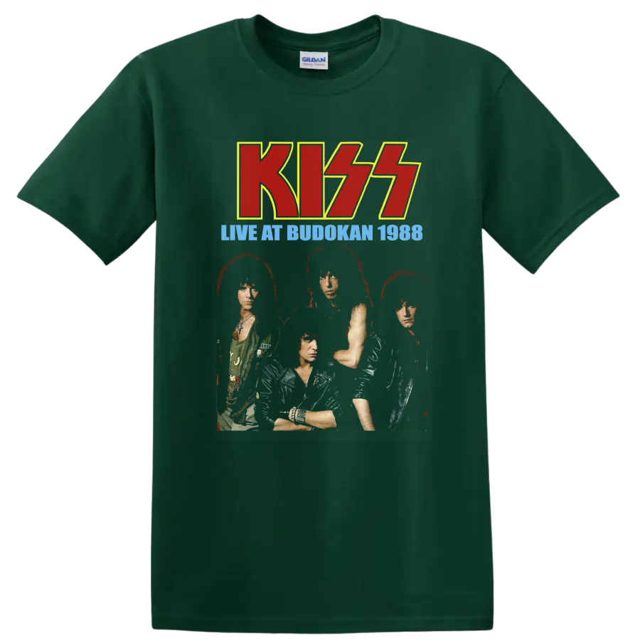 KISS Live at Budokan 1988 vintage concert portrait with red logo and blue text on a Forest Green T Shirt