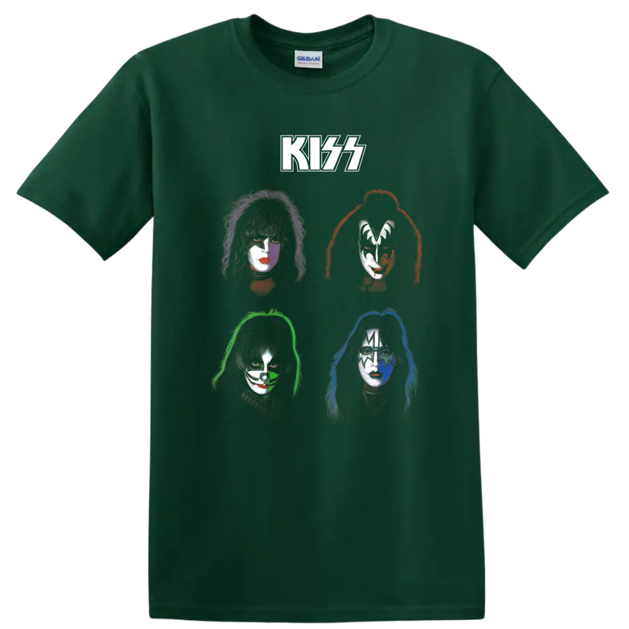 KISS Rock and Roll Over inspired four face-paint portraits in a vintage graphic on a Forest Green T Shirt
