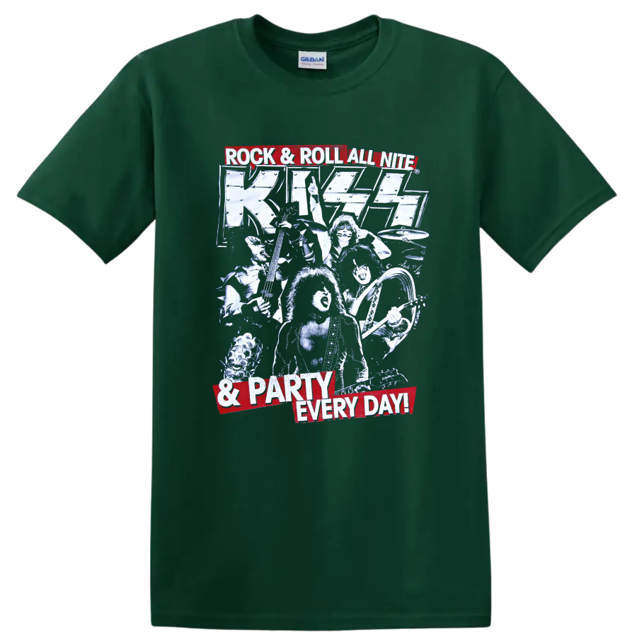 KISS Rock and Roll All Nite retro concert graphic with performers, guitars and drums on a Forest Green T Shirt