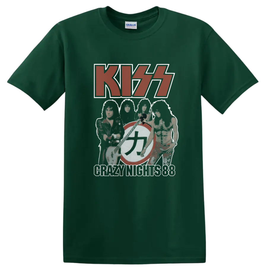 KISS Dressed to Kill red logo with faded band collage and circular emblem on a Forest Green T Shirt