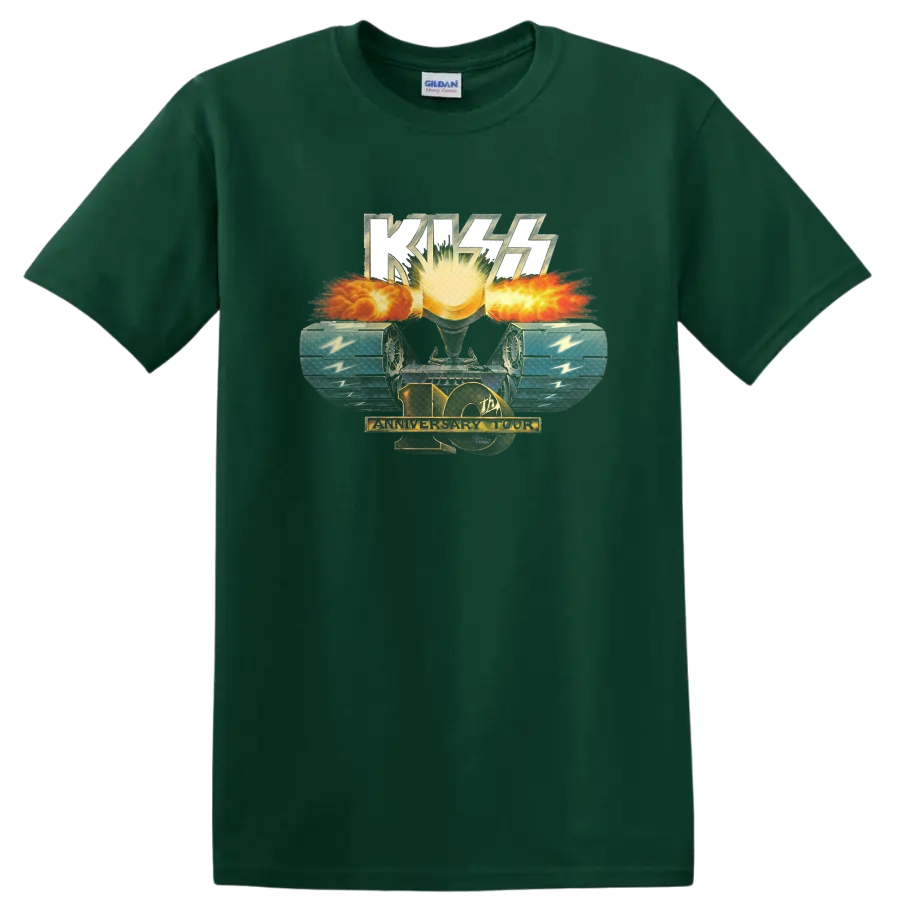 KISS 10th Anniversary Tour sunburst and blue wings retro concert graphic on a Forest Green T Shirt