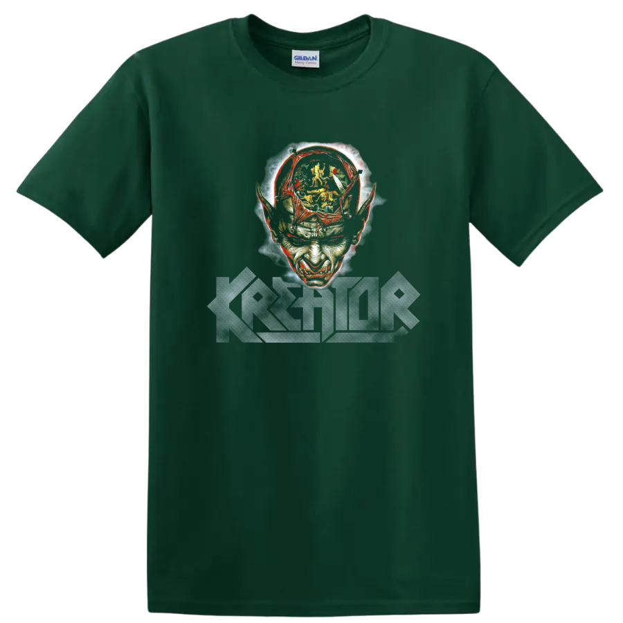 Kreator Phantom Antichrist distressed skull face with jagged band logo on a Forest Green T Shirt