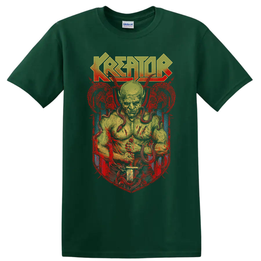 Kreator logo above a snake-wrapped figure in distressed red, yellow, and blue metal art on a Forest Green T Shirt