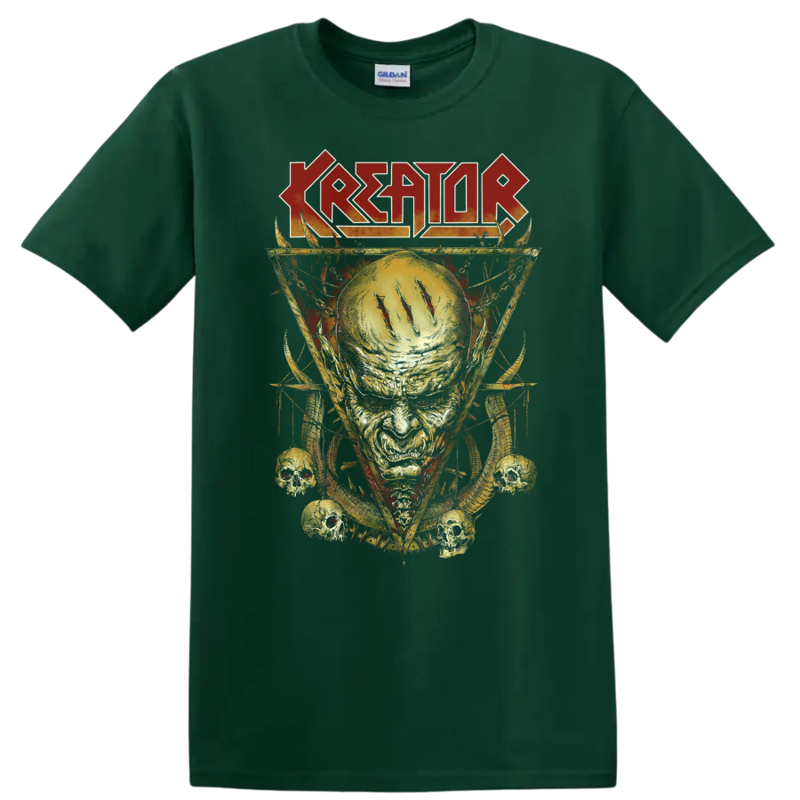 Kreator logo above a fiery skull with glowing halo, spikes, and small skulls on a Forest Green T Shirt
