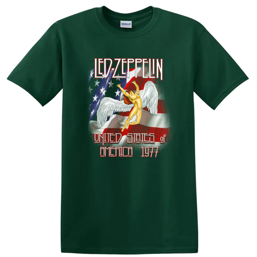 Led Zeppelin 1977 US tour Icarus figure with distressed American flag artwork on a Forest Green T Shirt