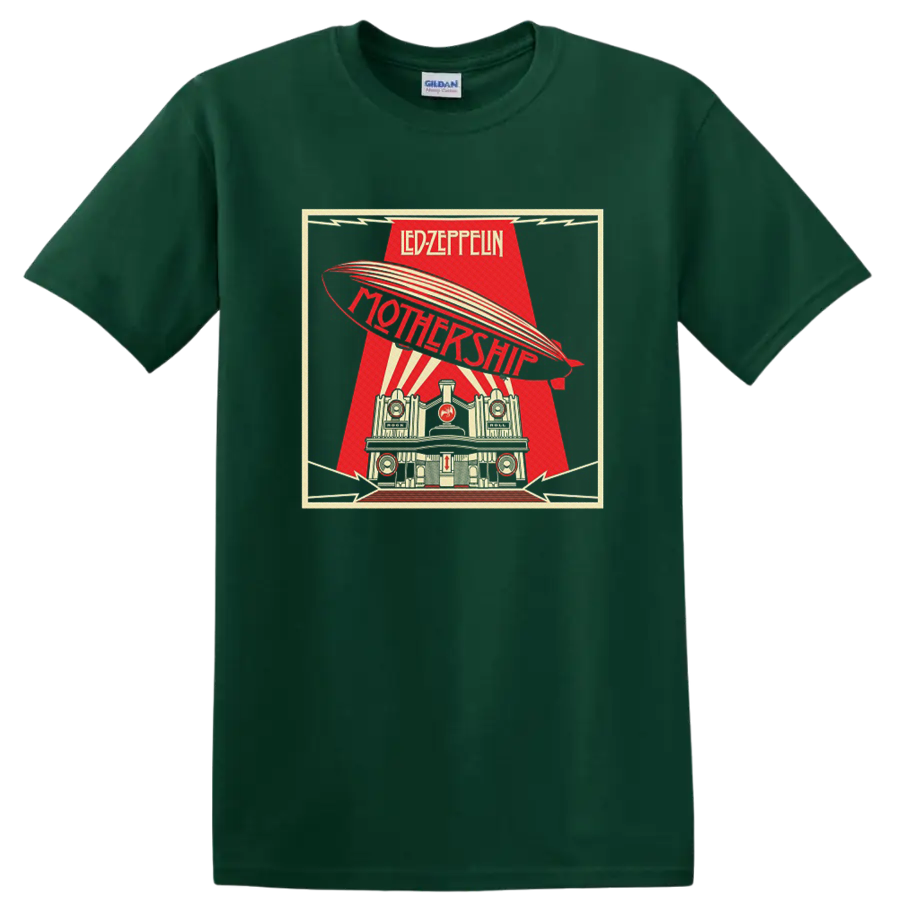 Led Zeppelin Mothership retro poster with airship, rays, and architectural scene on a Forest Green T Shirt