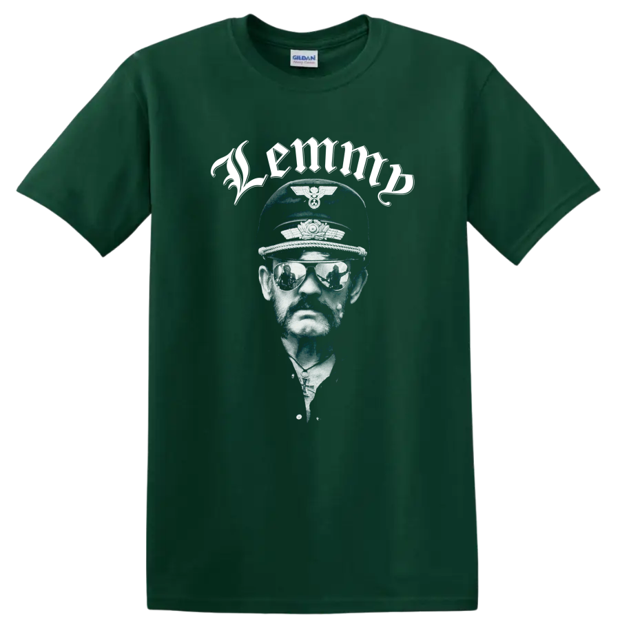 Motörhead Lemmy Kilmister blue and white portrait with cap and mirrored shades on a Forest Green T Shirt
