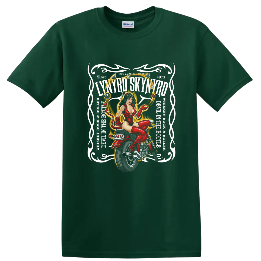Red pinup femme in a gold ornamental frame with hearts and Fate lettering on a Forest Green T Shirt