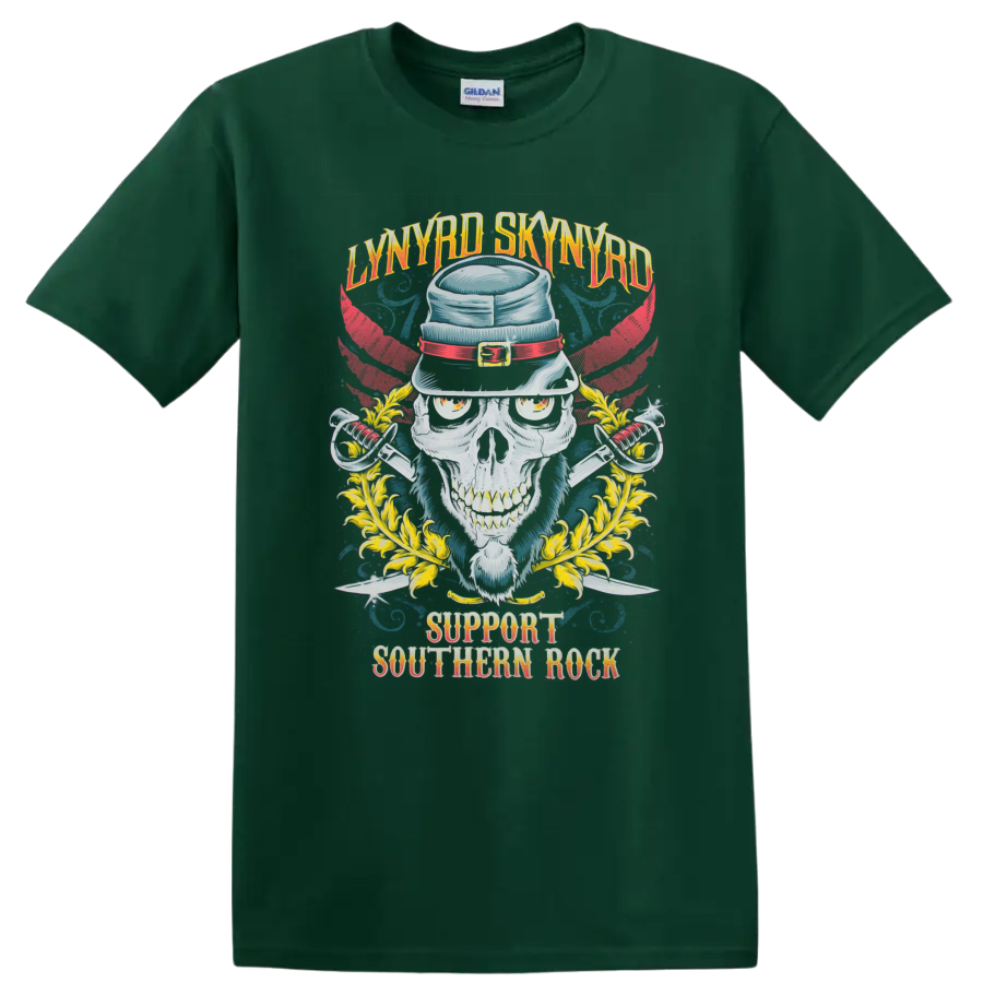 Lynyrd Skynyrd skull in hat with red wings, swords, and Support Southern Rock text on a Forest Green T Shirt