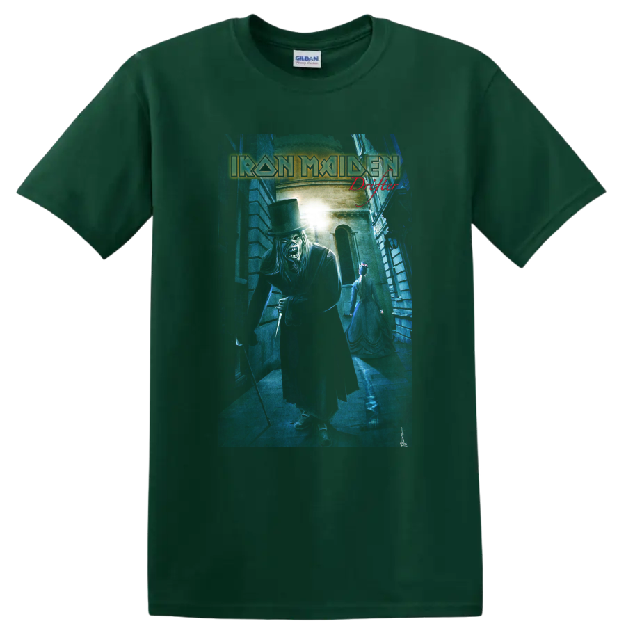 Iron Maiden Eddie Drifter artwork with blue alley scene and red Drifter lettering on a Forest Green T Shirt