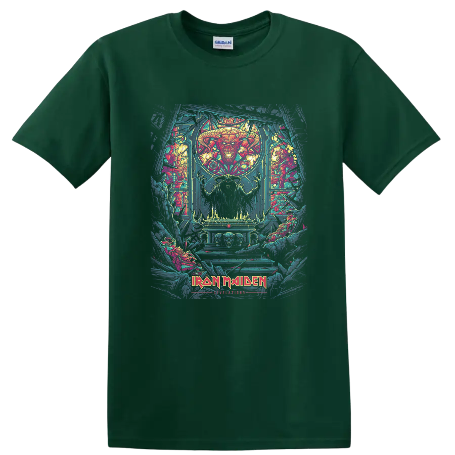Iron Maiden Revelations Eddie artwork with horned figure, skulls, flames, and logo on a Forest Green T Shirt