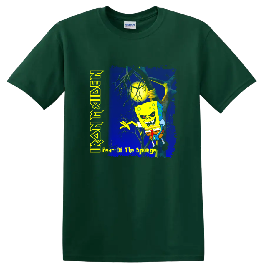 SpongeBob Fear of the Dark parody in a distressed Iron Maiden heavy metal art style on a Forest Green T Shirt