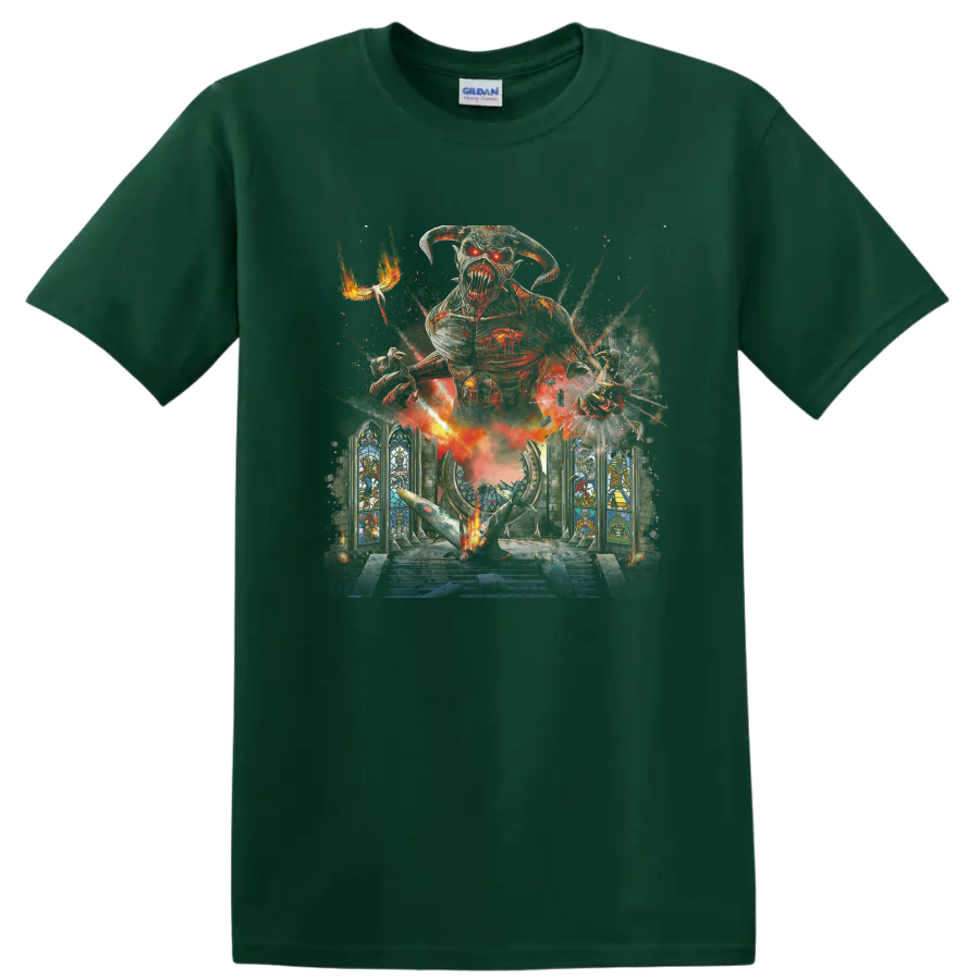 Iron Maiden Eddie above a gothic cathedral in blazing glitch-style heavy metal art on a Forest Green T Shirt