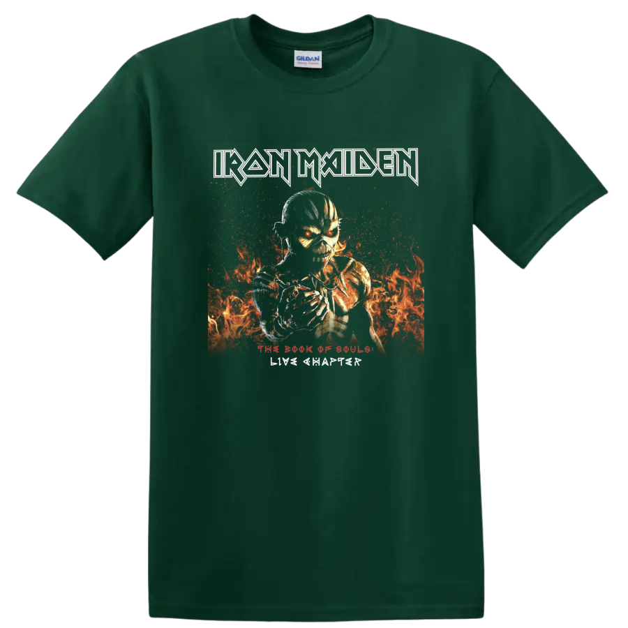 Iron Maiden The Book of Souls Eddie skeletal warrior in fiery heavy metal artwork on a Forest Green T Shirt