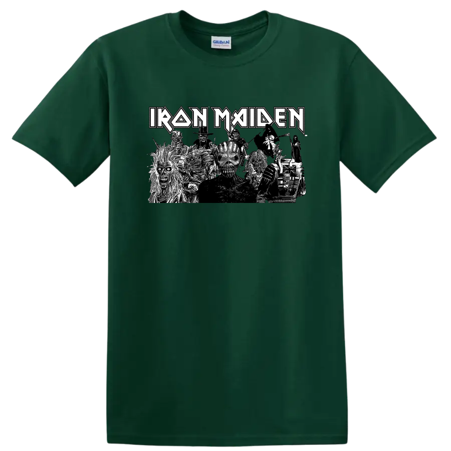 Iron Maiden logo above a black-and-white Eddie skeleton character collage on a Forest Green T Shirt