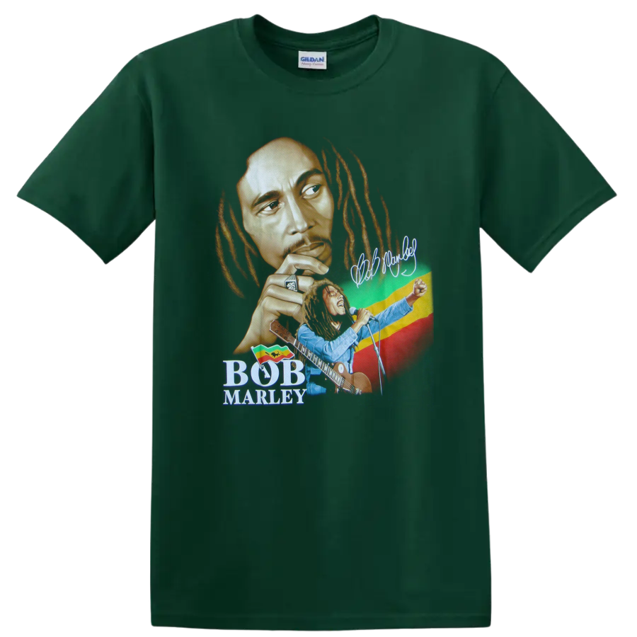Bob Marley reggae portrait with guitar performance and red, yellow, green backdrop on a Forest Green T Shirt
