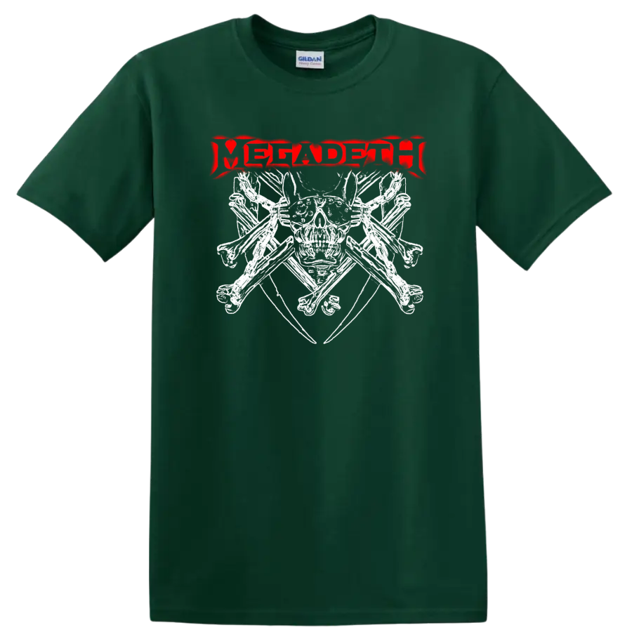 Distressed red Megadeth logo in a jagged heavy metal graphic style on a Forest Green T Shirt
