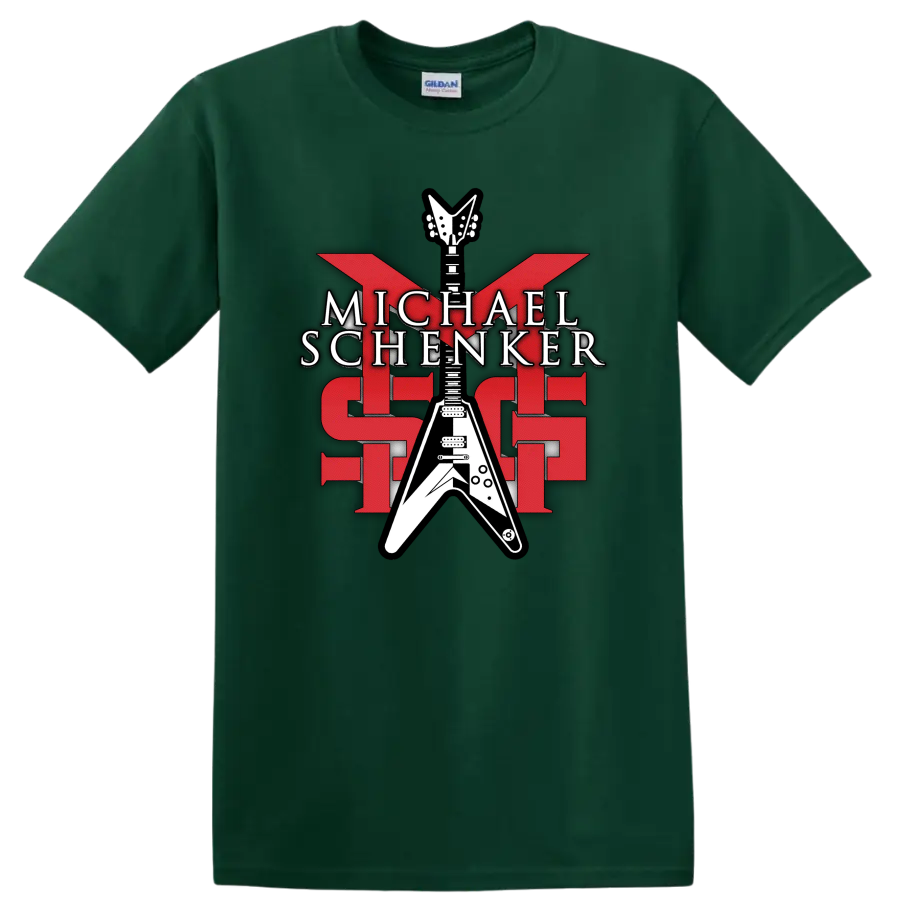 Michael Schenker MSG red and white Flying V guitar rock graphic on a Forest Green T Shirt