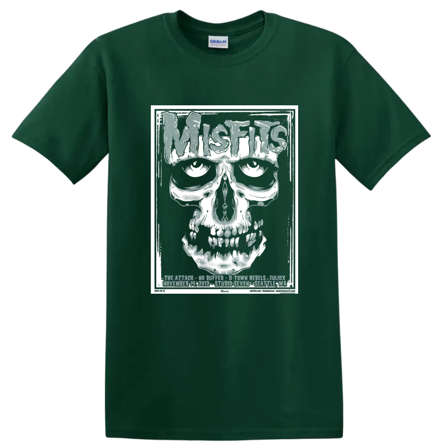 Misfits Fiend skull in distressed black-and-white horror punk poster style on a Forest Green T Shirt