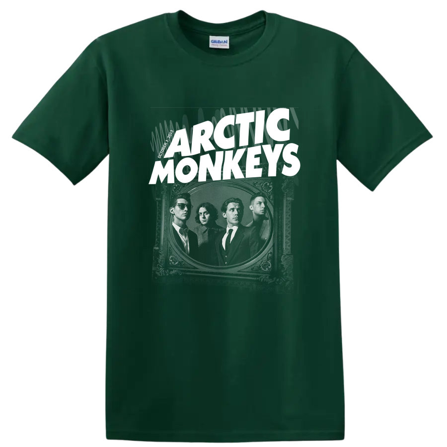 Arctic Monkeys band portrait in an ornate frame with bold distressed lettering on a Forest Green T Shirt