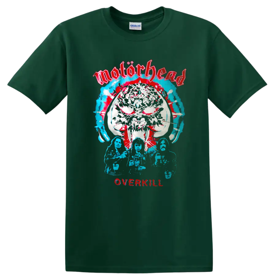 Motörhead Overkill Snaggletooth skull in distressed red and blue metal artwork on a Forest Green T Shirt