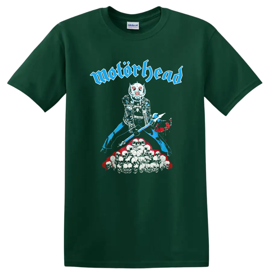 Motörhead Snaggletooth skull warrior graphic with Gothic lettering and skulls on a Forest Green T Shirt
