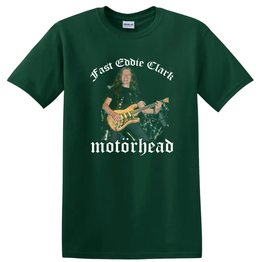 Motörhead live guitarist concert artwork with bold heavy metal lettering on a Forest Green T Shirt