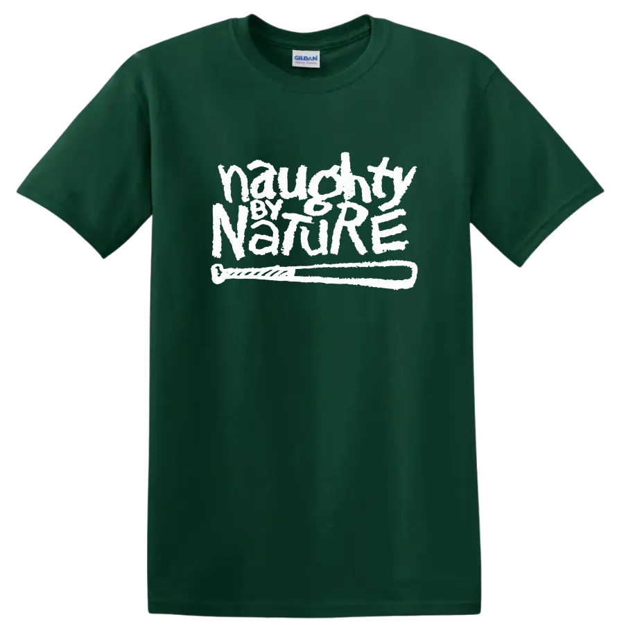 Naughty by Nature logo in distressed white graffiti-style lettering on a Forest Green T Shirt