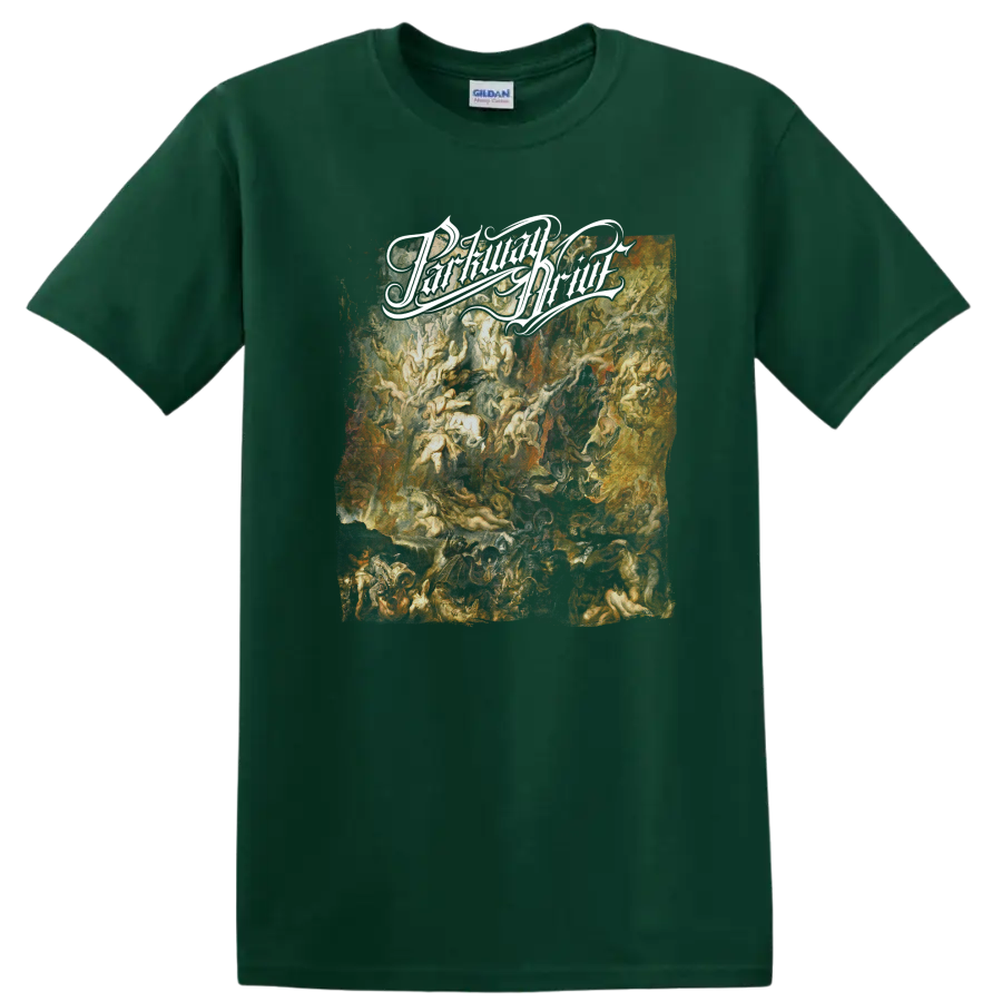 Parkway Drive distressed white script over fiery orange and red grunge artwork on a Forest Green T Shirt