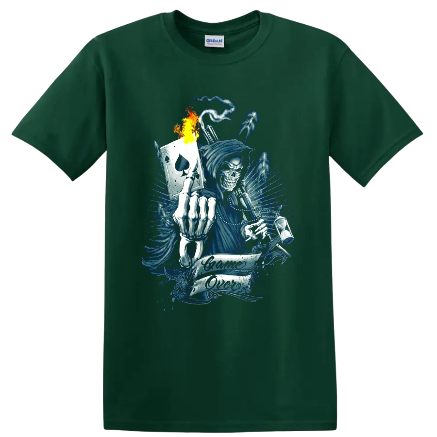 Blue grim reaper skull with flaming spade card and Game Over banner on a Forest Green T Shirt
