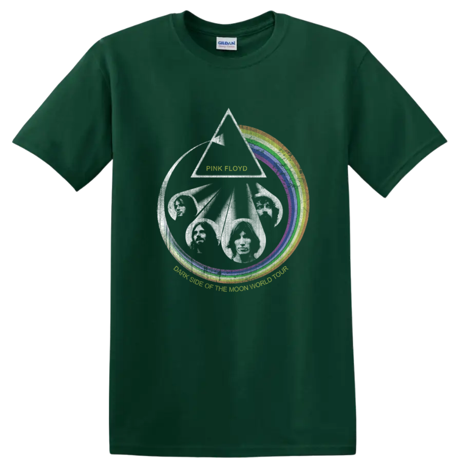 Pink Floyd Dark Side of the Moon prism, rainbow arc, and flying pig graphic on a Forest Green T Shirt