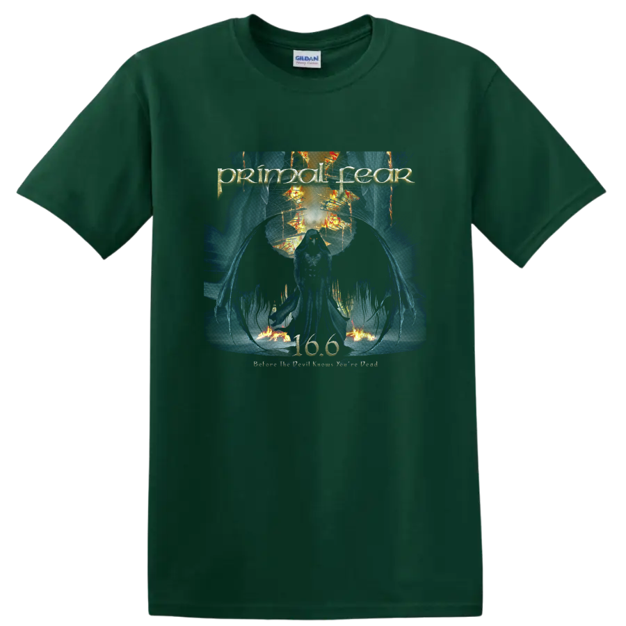 Primal Fear skull warrior graphic with blue flames, orange fire, and metal artwork on a Forest Green T Shirt