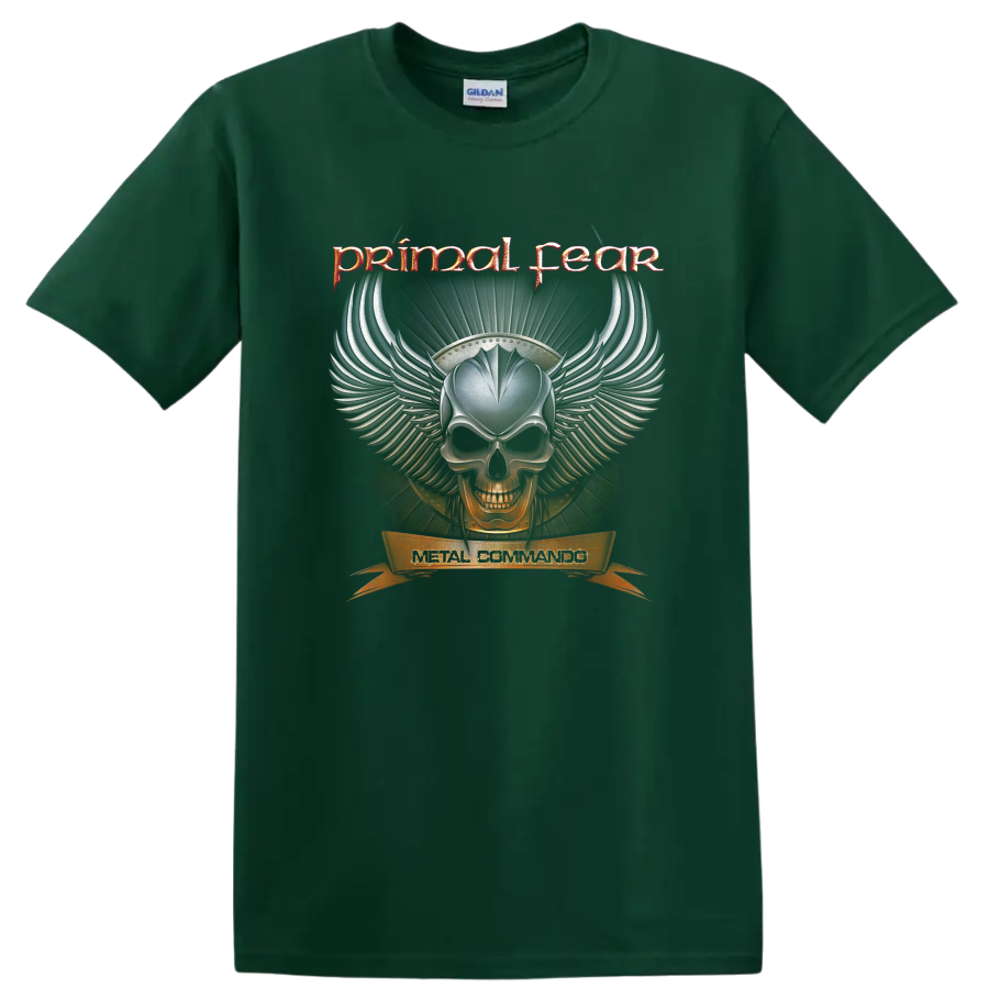Primal Fear Metal Commando winged skull with fiery gothic heavy metal artwork on a Forest Green T Shirt