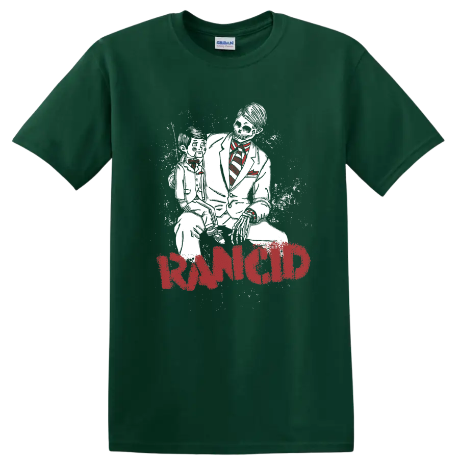 Rancid distressed red logo with gritty black-and-white punk performance artwork on a Forest Green T Shirt