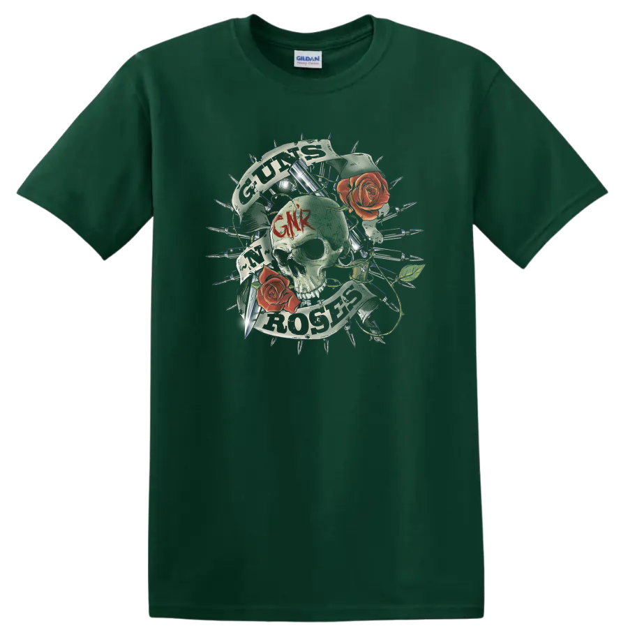 Guns N' Roses skull and red roses graphic with GNR lettering and distressed rays on a Forest Green T Shirt