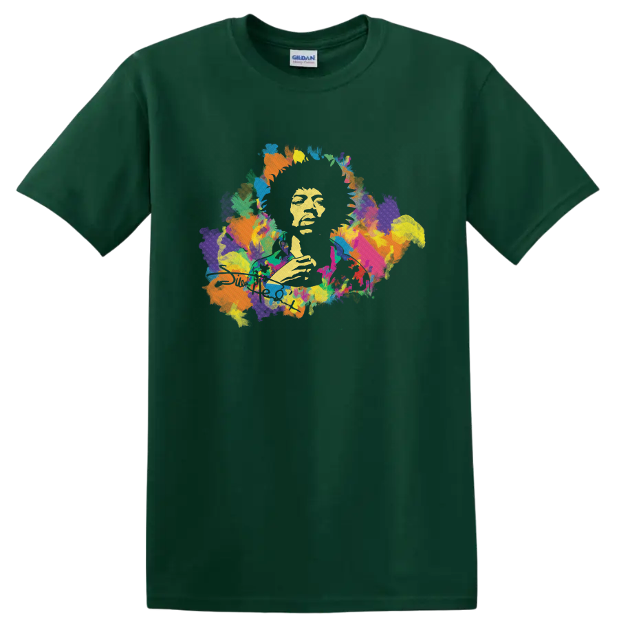 Jimi Hendrix psychedelic guitar portrait with colorful paint splashes on a Forest Green T Shirt